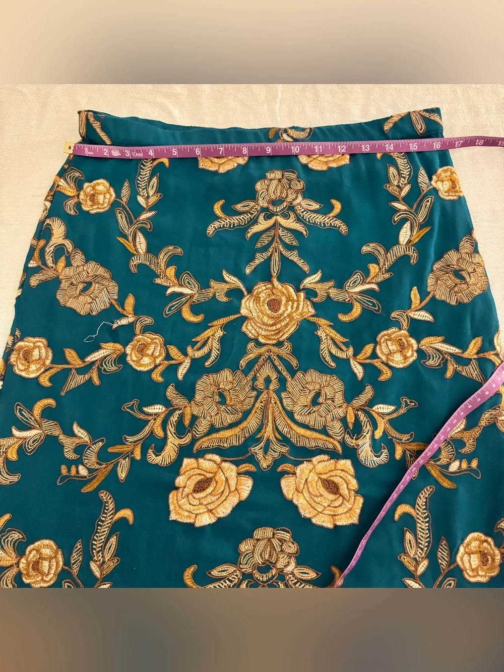 Yoana Baraschi Teal Skirt with Gold Floral Embroidery Size 6